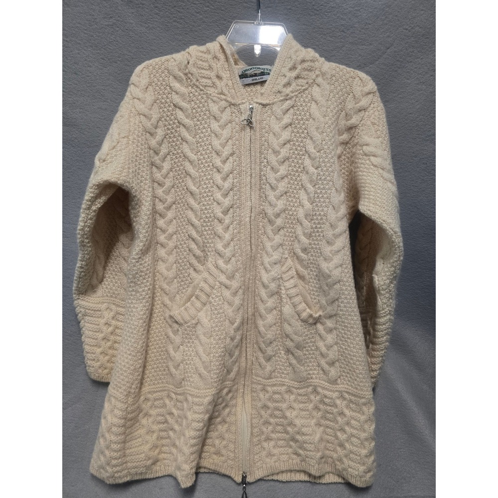 Aran Crafts Ireland 100% Merino Wool Hooded Cable Knit Zip Cardigan Cream Medium